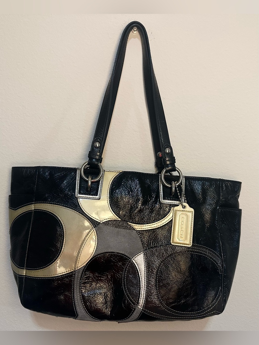 Coach Op Art Patent Leather Tote Black Silver